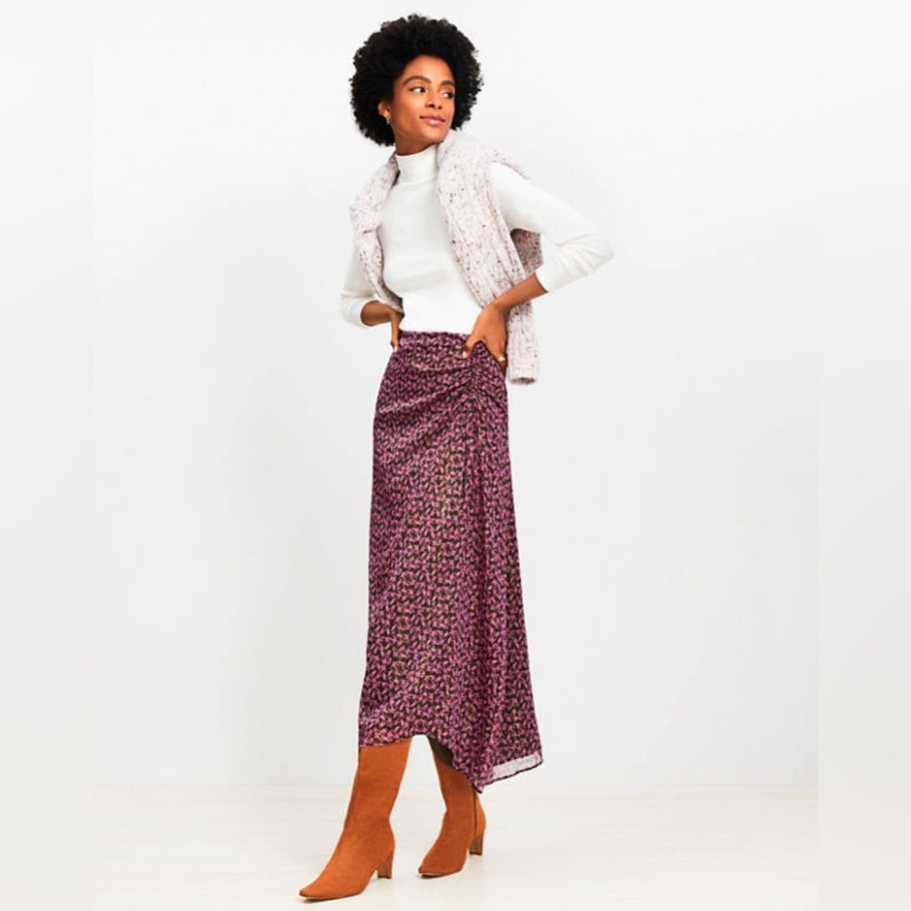 Ann Taylor LOFT Floral Satin Ruched Midi Skirt-Asymmetrical Hem 4 petite (NWT)